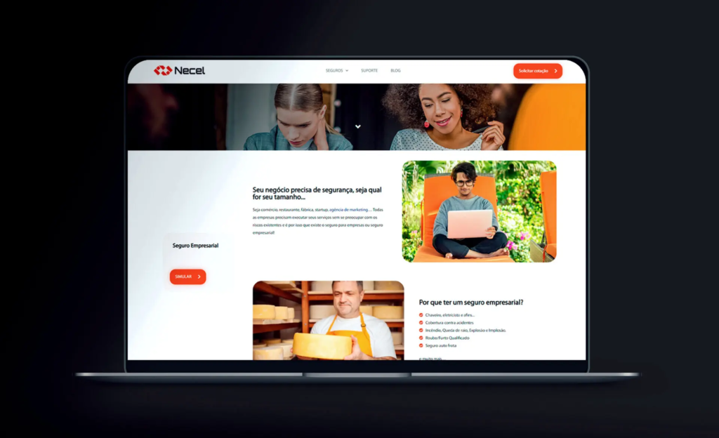 Site da Necel, desenvolvido pela Arkler, evitando preto para aumentar a conversão